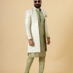 Alluring Cream Geometrical Thread Embroidered Open Sherwani with Lime Green Kurta-Pajama Set | Father Son Combo | Jaipurio Collection